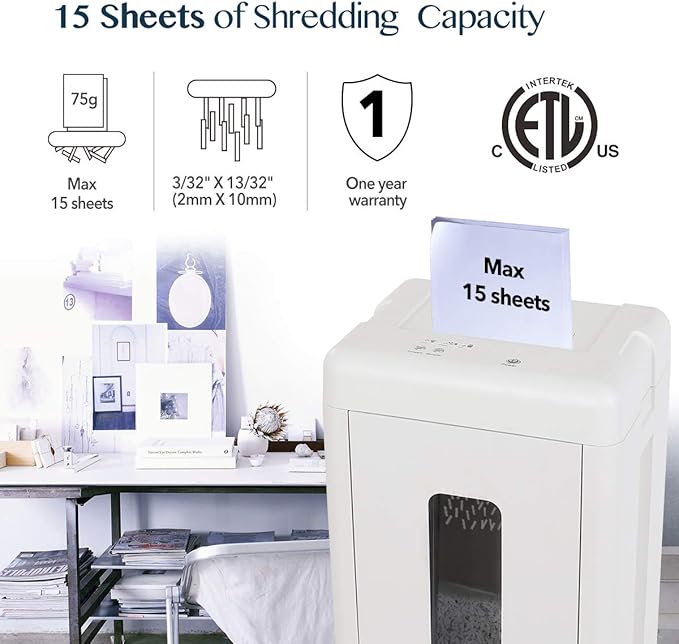 WOLVERINE 15-Sheet Super Micro Cut High Security Level P-5 Heavy Duty Paper/CD/Card Shredder for Home Office, Ultra Quiet by Manganese-Steel Cutter and 8 Gallons Pullout Waste Bin SD9520 (White ETL)
