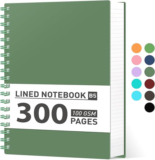 AHGXG Spiral Notebook College Ruled - Spiral Notebook Journal Large B5 7.6" x 10", 300 Pages/150 Sheets, 100GSM Thick Paper, Plastic Hardcover, for Women Men Office School, Green