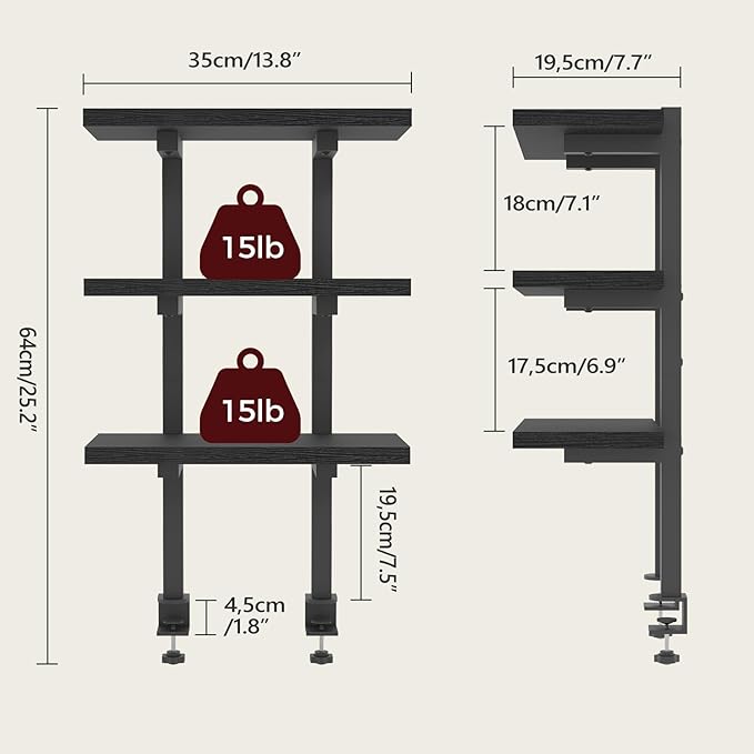 Clamp On Desk Organizer, 3-Tier Desktop Bookshelf, Adjustable Desk Storage Shelf, Metal Frame, for Office, Study and Game Room, Black DSBK3601