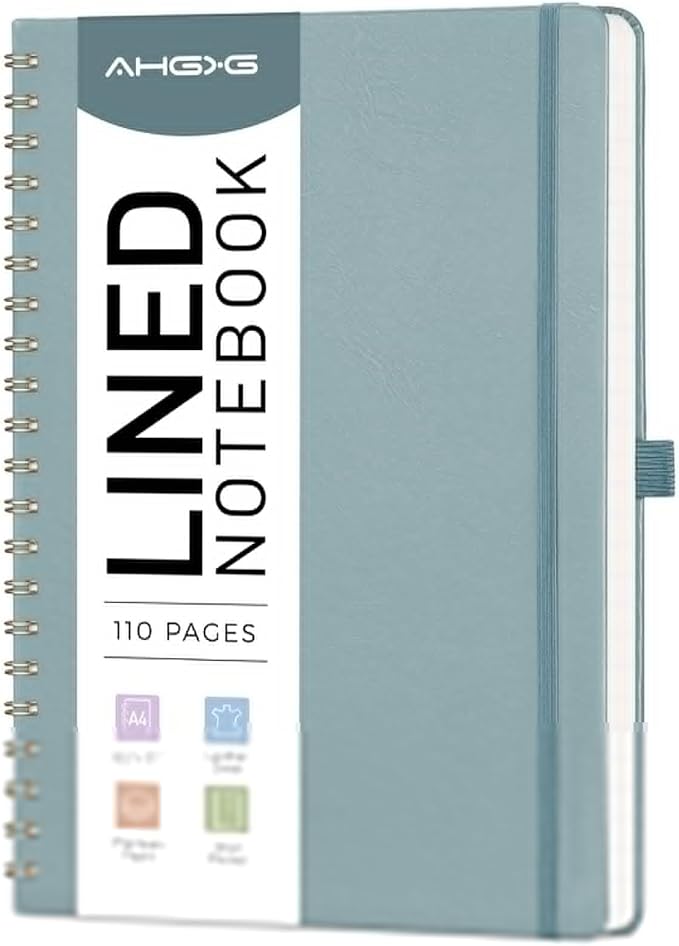 AHGXG Lined Spiral Notebook 8.5" x 11", A4 Large Notebooks for Women Men, Hardcover Leather Notebook College Ruled, 100 GSM Thick Paper, Notebooks for Work School Note Taking Writing, GrayBlue
