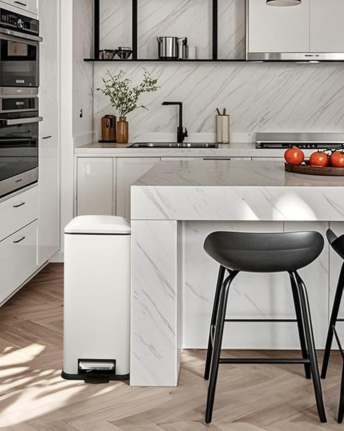 Kitchen Rubbish Bin, 45 Litre Waste Bin, Large Pedal Bin, Kitchen Rubbish Bin with Softclose Lid and Inner Bin, Slim Pedal Bin for Kitchen, Bathroom and Office, White