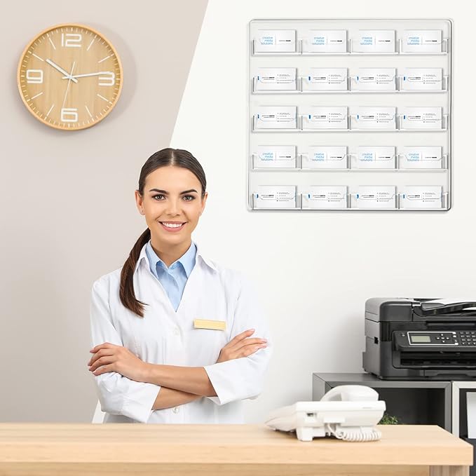 Hillban Acrylic Business Card Holder Wall Mount Clear Sticker Display Rack Multiple Card Holders Clear Acrylic Organizing Sticker Display Stand Pre Drilled(20 Pockets)