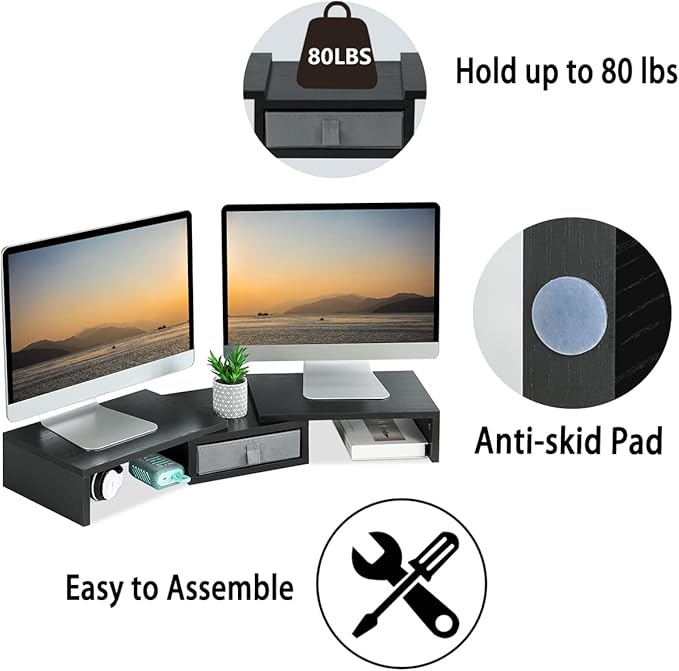 TEAMIX Dual Monitor Stand Riser with Drawer - Length and Angle Adjustable Double Monitor Riser Corner Desk Shelf Organizer 37 inch Long Monitor Riser for 2 Monitors/Laptop/PC/Screen/TV