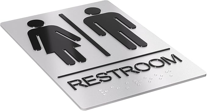 Unisex Bathroom Signs, Restroom Sign For Business - For Men and Women - 9" by 6" - ADA Compliant with Braille - Strong Double-Sided Adhesives Included - Apply to Office, Home, Public Door/Wall