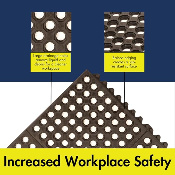 NoTrax 3' x 3' Light-Duty Rubber Drainage Mat, Customizable Modular Interlocking Design with Ergonomic Support, Lightweight, Anti-Fatigue, Non-Slip Surface, Black, 501S0033BL