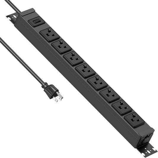 JUNNUJ Heavy Duty Power Strip Wall Mount, 20 Amp Surge Protector 1200J Metal 8 Outlet Under Desk Mounted 20A, Garage Power Table Socket Industrial Outlets 6-20R T-Slot, Black-15FT 12AWG Extension Cord