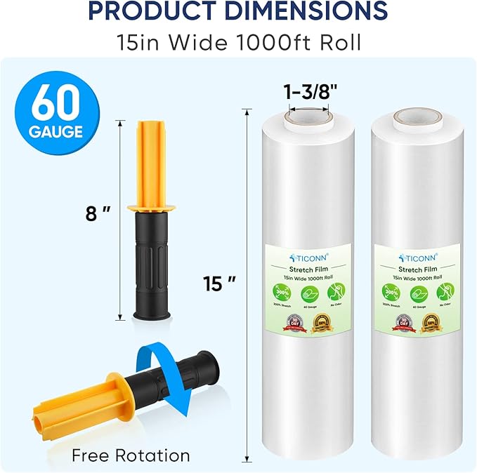 TICONN 4Pk Stretch Wrap Stretch Film Roll, 1000ft Industrial Strength 15 inch Wide Clear Plastic Wrap with Handles for Pallet Wrapping Shipping Moving