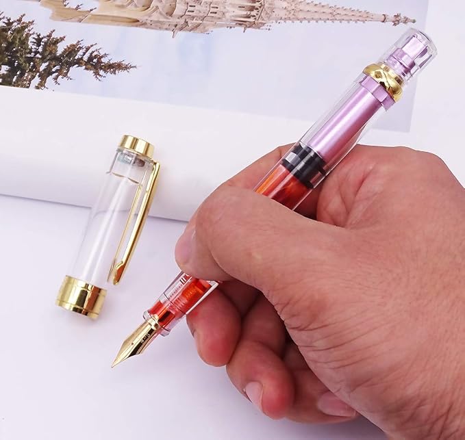 Lanxivi 4 Colors Yongsheng 3008A Fountain Pen Piston Filling Upgraded Fine Nib,Transparent Gold Trim
