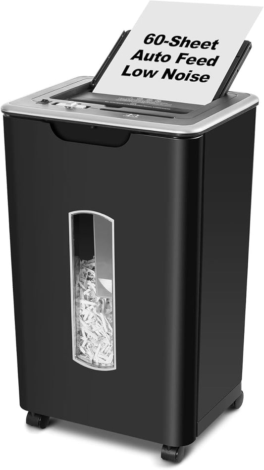 Paper Shredder for Home Office, 60 Sheets Auto Feed, 55dB Super Quiet, P-4 Cross Cut, 2.4m/min High-Speed Shredding, 5.8 Gallon Bin, CD/Credit Card Shredder with Anti-Jam & Dual Modes