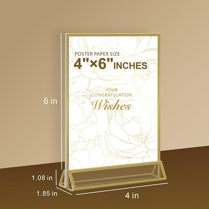 Acrylic Sign Holder 4x6 - 8 Pack Gold Picture Frame Double-Sided Table Sign Holder Vertical Display Stand Plastic Paper Holder -Vendor Booth Display Items Suitable for Wedding Office Store Party