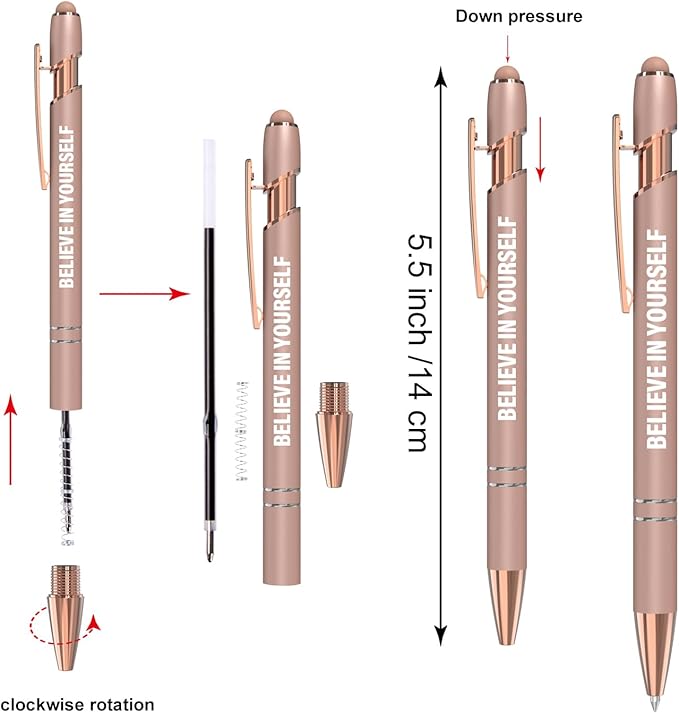 Funny Pens, 12 Pcs Rose Gold Fine Point Smooth Writing Pens, Inspirational Stylus Ballpoint Pens with Screens Touch Stylus Tips, Black Ink 1.0 Mm Gift Office Desk Accessories