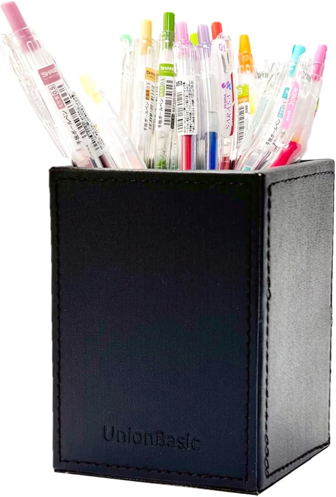 UnionBasic Square Pen Holder, Leather Pencil Cup, Desktop Caddy Stationery Organizer, Black