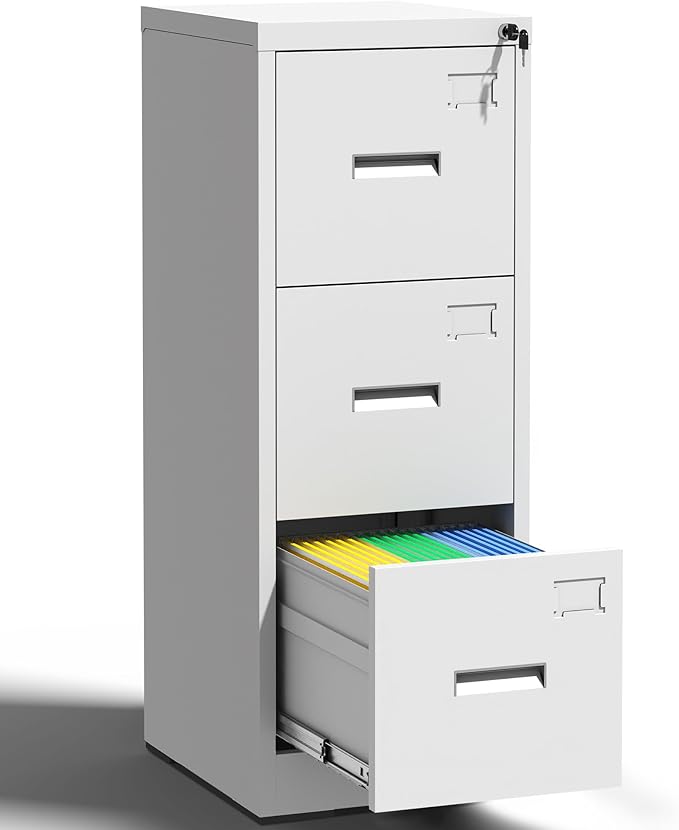 3 Drawer Metal File Cabinet with Lock,White Steel Filing Cabinets Heavy Duty Locking Vertical File Cabinet Home Office Storage Cabinet for Legal/Letter Size File,Assembly Required