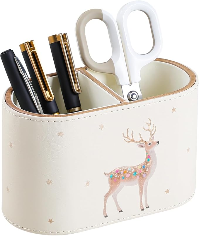 Christmas Pen Holder for Desk, PU Leather Pencil Holder for Desk with 2 Compartments for Home Office Supplies, Christmas Decorations Pencil Cup Desk Organizer