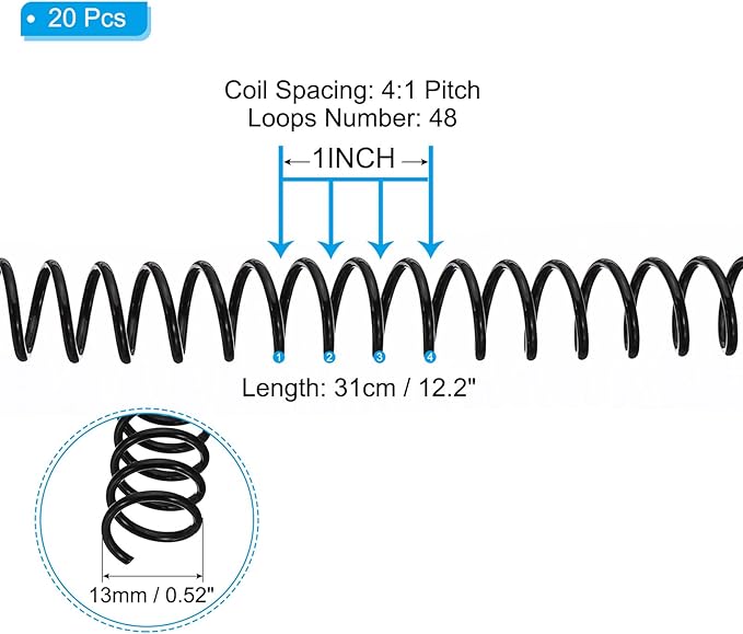 PATIKIL 13mm(1/2") Plastic Spiral Binding Coils, 20 Pcs Binding Spirals 105 Sheet Capacity 4:1 Pitch Binding Spirals for Binding Paper Sheets, Black