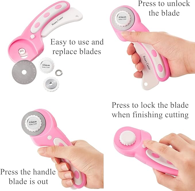 Rotary Cutter Set Pink - Quilting Kit incl. 45mm Fabric Cutter, 5 Replacement Blades, A2 Cutting Mat, Acrylic Quilting Ruler and Sewing Clips, Craft Knife Set, Ideal for Crafting, Sewing, Patchworking