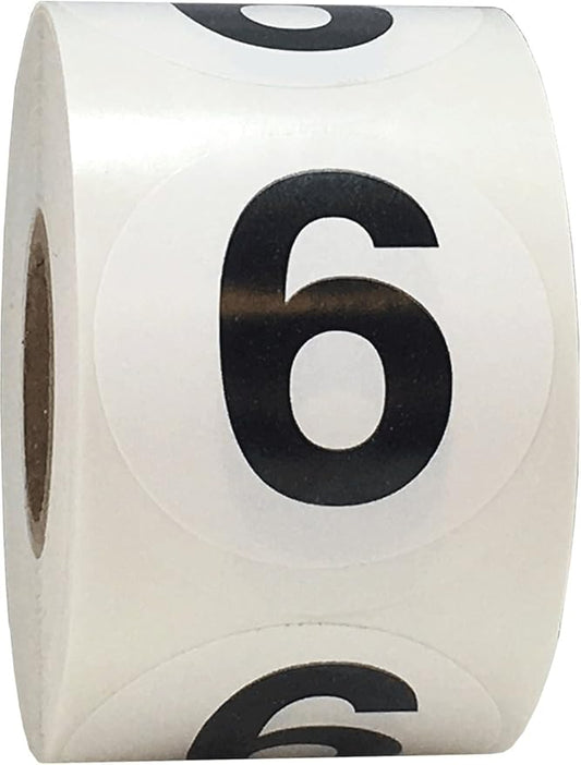 Black Number 6 Circle Stickers, 1.5 Inches Round, 500 Labels on a Roll for Inventory Management, Classroom Use, Storage Bins, and Product Labeling, Made in The USA