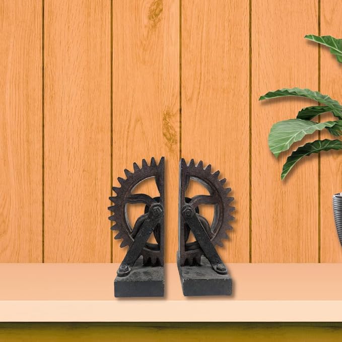 Comfy Hour Farmhouse Collection Resin Set of 2, Wheel Gear Art Bookends, Solid Heavy Weight, Brown & Black