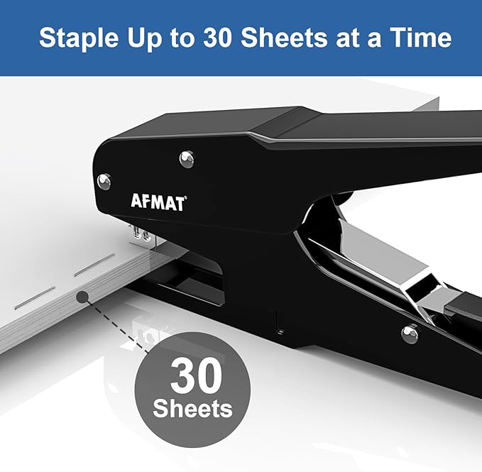 AFMAT Effortless Plier Stapler, Metal 30 Sheet Stapling Plier, 15000+ Stapling Times, with Staples & Reload Button, Handheld Stapler Heavy Duty, Space Save Size, Good for Office, Home, School, Black