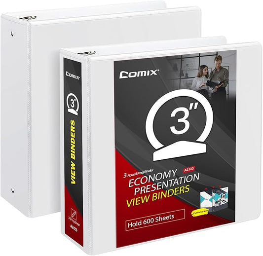 Comix Sturdy Round Ring Binder 3 inch with Clear View Cover, Holds 600 Sheets of US Letter Size Paper, 2 Pack (White)