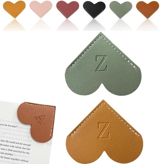 Personalized Leather Heart Bookmark, 26 Letters Customized Corner Book Mark for Reading Women, Book Marker with Initials，Cute Gifts (Green+Light Brown, Z)