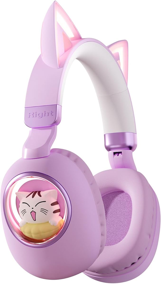 Cat Ear Headphones for Kids, Cute Children Girl Wireless Bluetooth Headphones for School, Purple Kindergarten Light up Kawaii Kitty Noise Cancelling Headphones for Kids Teens Child Airplane