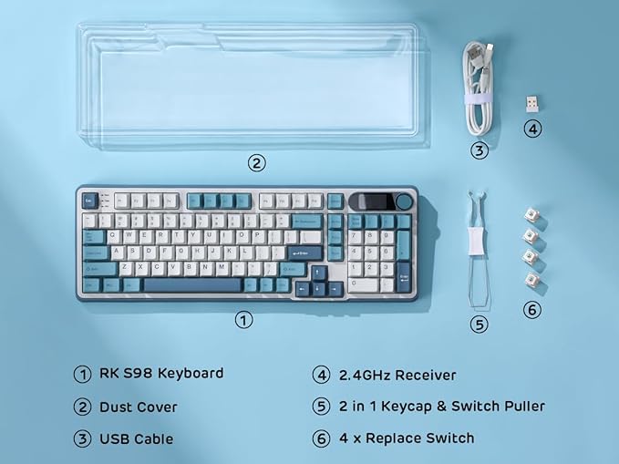RK ROYAL KLUDGE S98 Mechanical Keyboard w/Smart Display & Knob, Top Mount 96% Wireless Mechanical Keyboard BT/2.4G/USB-C, Hot Swappable, Software Support, Creamy Sounding, 98 Keys
