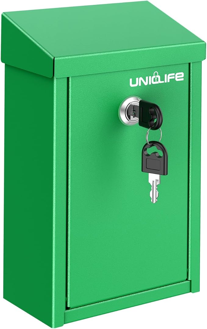 Uniclife Green Key Drop Box for Outside, Metal Safe Suggestion Box with Key Lock, Collection Boxes Donation Chest, Wall Mounted Mailbox with Top Slot, Steel Cash Drop Chest for Home Office Business