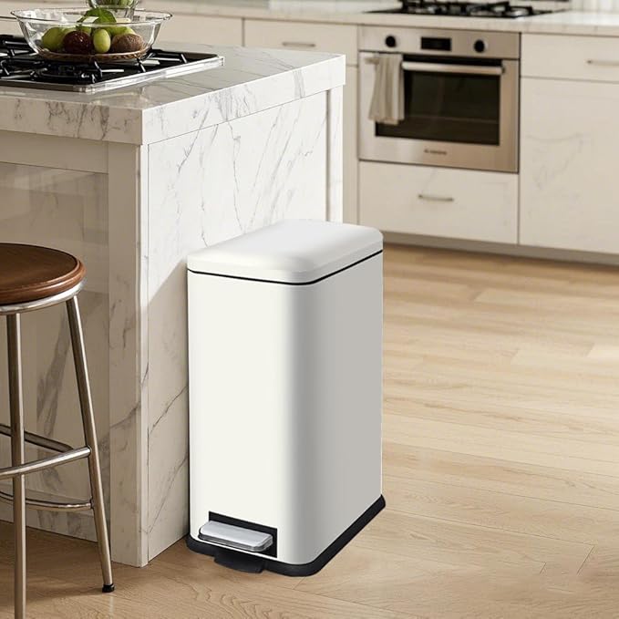 8 Gallon Slim Trash Can with Soft Close Lid, Stainless Steel Trash Can with Removal Inner Bucket, Hand -Free Trash Bin for Kitchen, Office, Laundry, Bathroom, 30 Liter Capacity, White