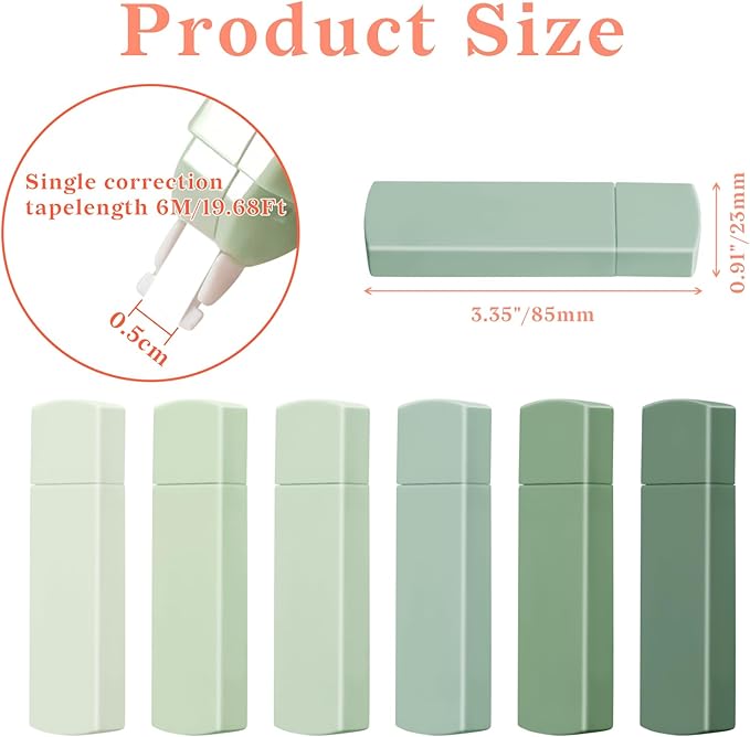 Temiary 6Pcs Mini White Correction Tapes, Quick Dry Smooth Pull Out for Writing, Aesthetic Cute Correction Tape Set Easy To Use for Students School Office Supplies (Green)