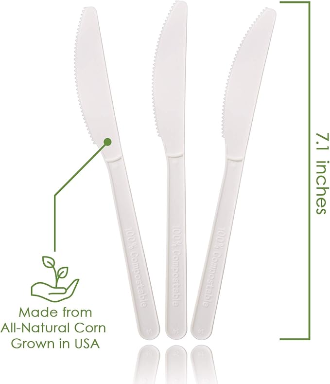 Ecovita 100% Compostable Knives - 500 Large Disposable Utensils (7 in.) Bulk Size Eco Friendly Durable and Heat Resistant Alternative to Plastic Knives with Convenient Tray