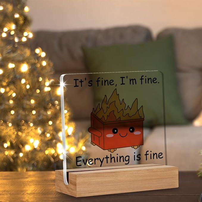 Dumpster Fire Desk Accessories Decor, Funny Office Gifts for Women Men Coworkers, I'm Fine Everything is Fine, Cute Orange Dumpster Desk Signs Plaque