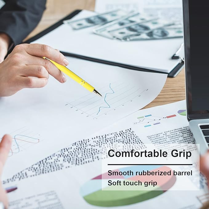 Ballpoint Pen with Stylus Tip, Soft Touch Click Metal Pen, 1.0mm Medium Point, Black Ink, 12 Count(Yellow)