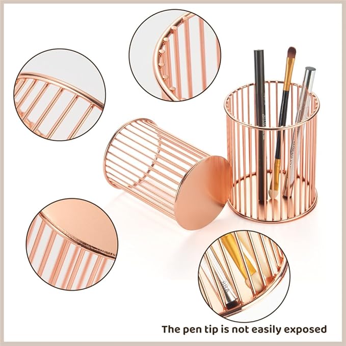 2 Pack Metal Pen Holder for Desk, Makeup Brushes Cup Holder, Pencil Holders, Pen cup, Home and Office Organizer, Rose gold