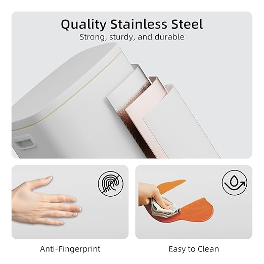 KUK 13 Gallon Kitchen Trash Can with Lid, 50L/13Gal Office Step Garbage Can for Home, Kitchen, Laundry Room, Office, Brushed Stainless Steel, White