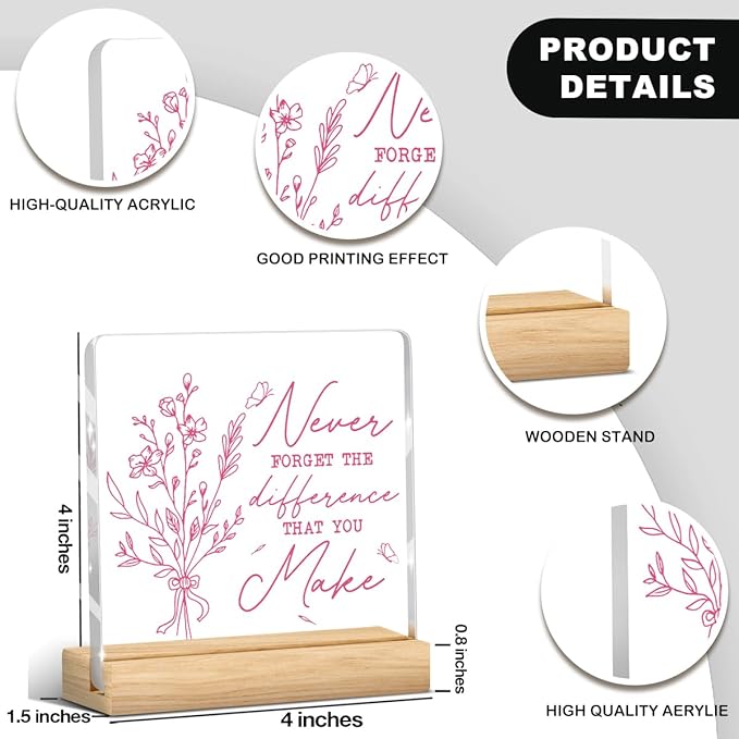 Pink Wall Decor Never Forget The Difference You Make Inspirational Positive Affirmation Motivational Thank You Appreciation Sign Acrylic Sign Plaque Table Decorations for Home Office Retirement