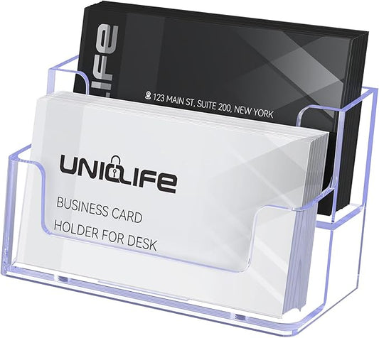 Uniclife Acrylic Business Card Holder for Desk 2 Slots Clear Business Card Display Stand for Men & Women Desktop Business Card Organizer Card Stand for Office Home Exhibition, 120 Card Capacity