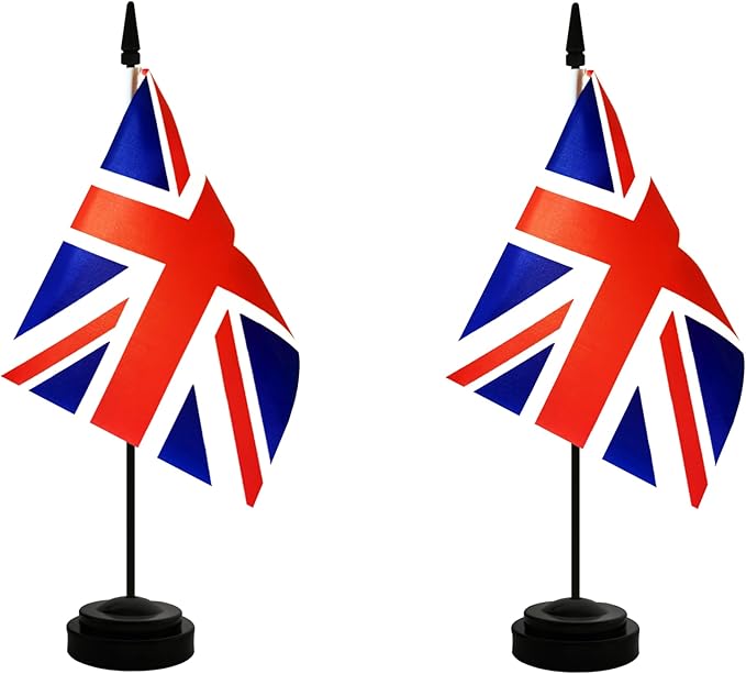 2 Pack UK Britain Desk Flag, British Table Office Flag with Solid Pole and Stand Base, International Country Flag, Festival Celebration, Classroom Meeting Desktop Decoration (UK)