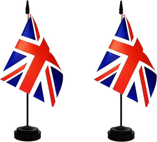 2 Pack UK Britain Desk Flag, British Table Office Flag with Solid Pole and Stand Base, International Country Flag, Festival Celebration, Classroom Meeting Desktop Decoration (UK)