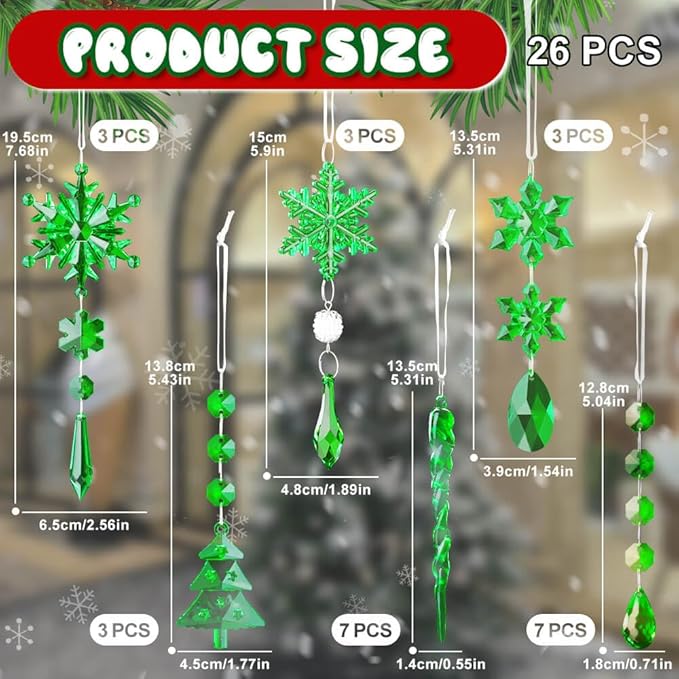 Lanpn 26 Pcs Christmas Ornaments Crystal Christmas Tree Decoration, Hanging Clear Acrylic Snowflake Icicle Drop Pendants for Xmas Winter Outdoor Indoor Party Decoration Green