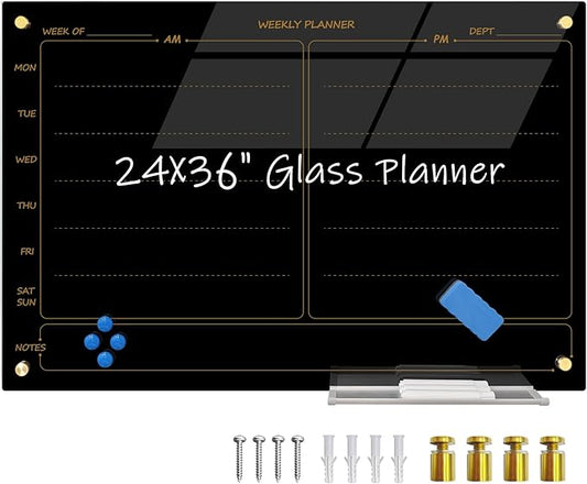 Magnetic Planner Black Glass Board 24"X36" Weekly Glass Calendar Glassboard Premium Tempered Dry Erase Boards Frameless Wall Mounted (Black)
