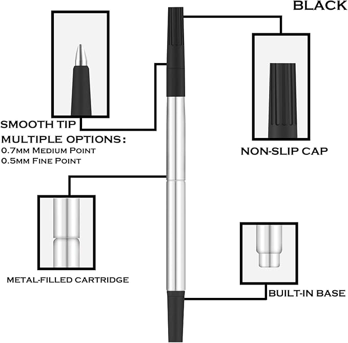 DunBong Quink Ink Rollerball, Compatible with Parker Rollerball Pens, 0.7mm Medium Point Black Ink Refill Pack of 5, Replaceable Gel Ink Pen Refills, Smooth Writing (Black-0.7mm)