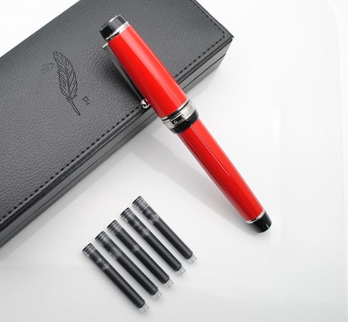 Metal Big Fountain Pen Set Medium Nib 0.7mm, Includes Ink Refill Converter, 5 Ink Cartridges & Gift Box (Medium Nib 0.7mm, Red with Silvery Clip)