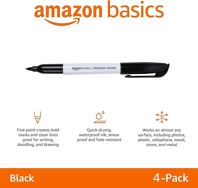 Amazon Basics Fine Tip Point Permanent Markers for Office, School, and Home Use, Black, 4 Pack