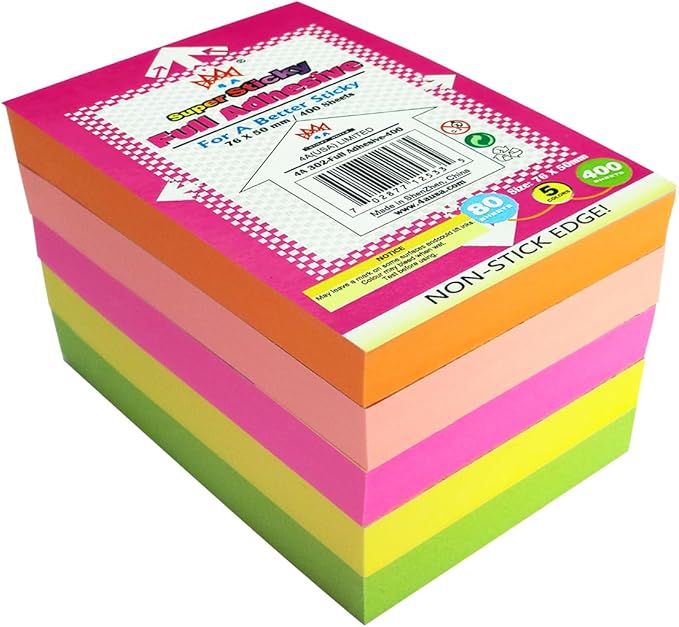 Full Adhesive Sticky Notes 3 x 2 in, Bright Colors, Colorful Small Sticky Notes Full Adhesive Back Self-Stick Note Pads for Office, School Supplies, 80 Sheets/Color, 5 Colors/Pack, 400 Sheets Total
