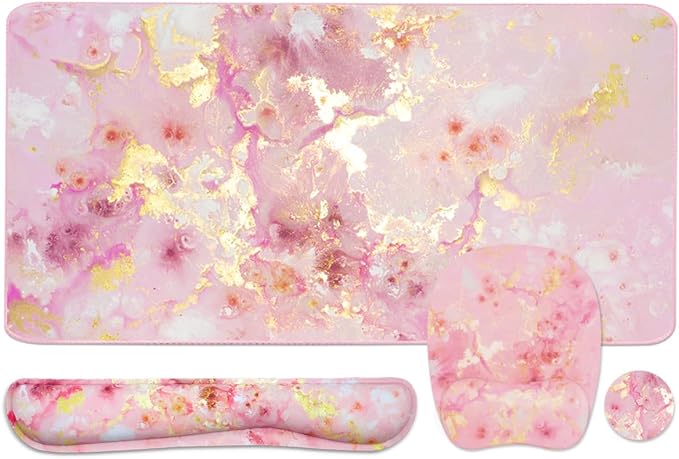 Keyboard Wrist Rest Large Mouse Pad Wrist Support for Computer, 4 in 1 Memory Foam Keyboard Pad Desk Mat Ergonomic Hand Rest Wrist Cushion for Home Office Gaming - Pink Gold