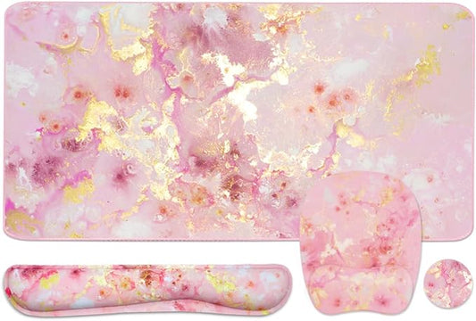 Keyboard Wrist Rest Large Mouse Pad Wrist Support for Computer, 4 in 1 Memory Foam Keyboard Pad Desk Mat Ergonomic Hand Rest Wrist Cushion for Home Office Gaming - Pink Gold