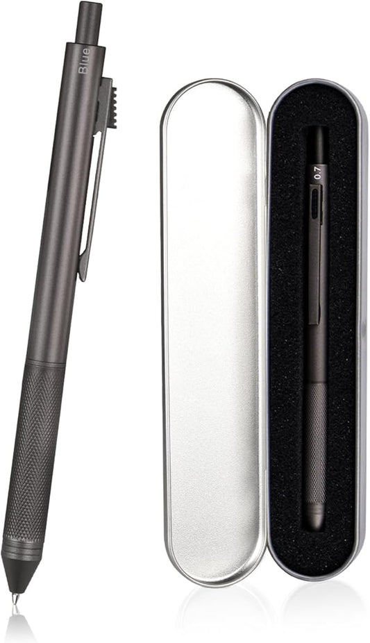 smttw 4 in1 Multi-Function Refillable & Retractable Ballpoint Pen + 0.7mm Mechanical Pencil, Fine Point, Grey Metal Barrel, With Black/Red/Blue Inks Color Code, Multicolor Pen With Metal Gift Box
