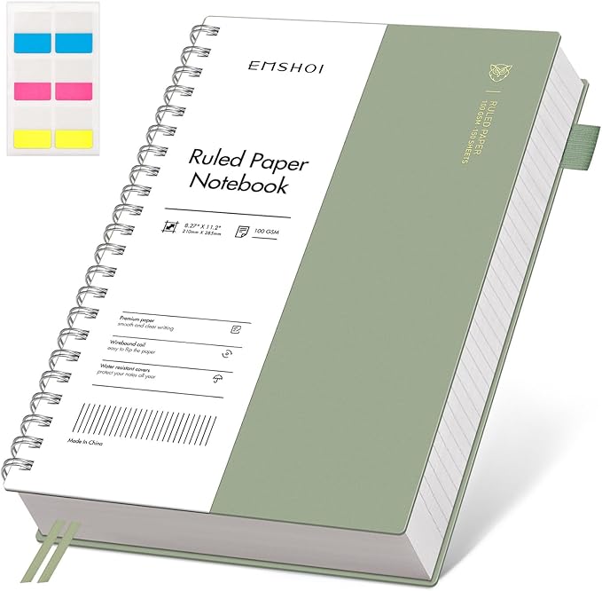 EMSHOI Lined Journal A4 Spiral Notebook, College Ruled Notebook, 300 Pages/150 Sheets, 100gsm Acid-Free Paper, Waterproof Softcover Notebook for School, Work, Writing, 8.27" × 11.2" - Light Green