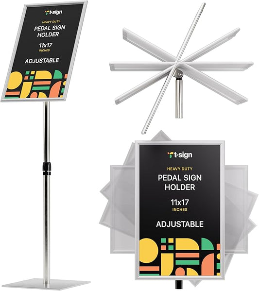 T-SIGN Adjustable Heavy Duty Pedestal Sign Holder Poster Stand - 11x17 Inch Vertical & Horizontal Sign Stand Displayed Poster Holder - Steel Square Base Sign Stands for Display (Silver)